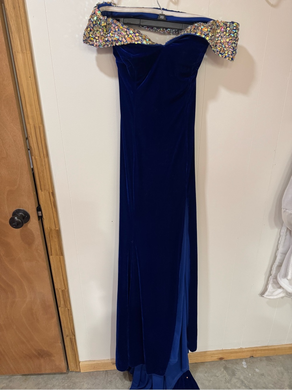 Panoply stunning Blue Velvet Off-Shoulder Evening Gown with Embellished Collar